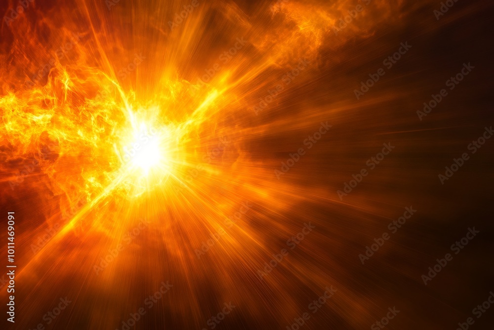 Poster a cosmic abstraction illustrating a radiant burst of fiery energy; the vibrant and dynamic flames cr