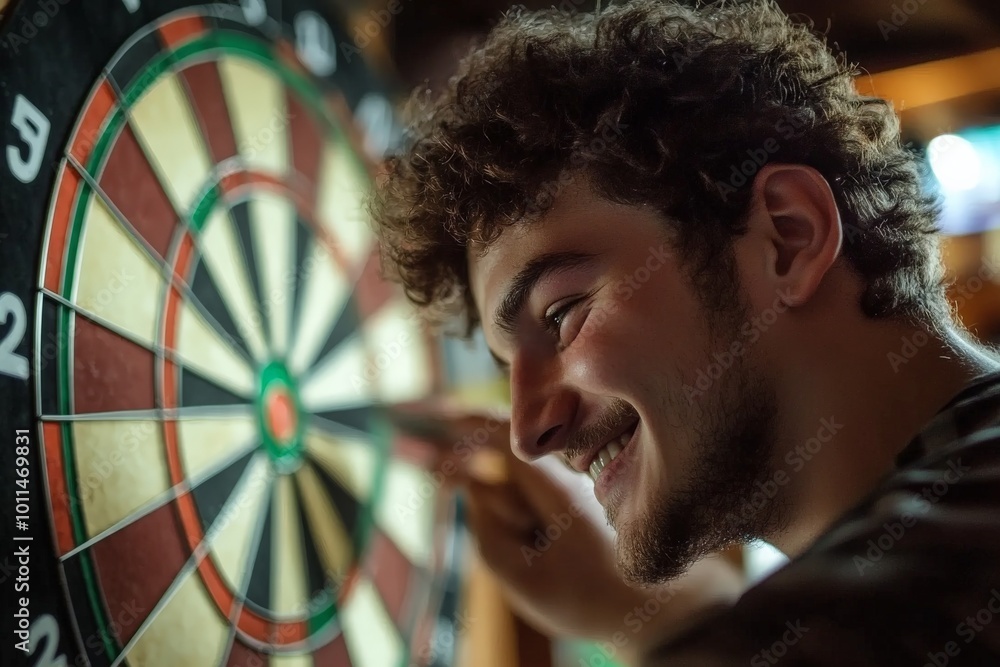 Poster a joyful image capturing a man smiling while standing next to a colorful dartboard inside a lively b