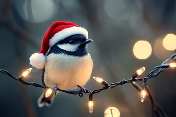 Fototapeta premium A small bird with a red Santa hat perches on a string of twinkling lights, creating a festive and warm Christmas ambiance in this delightful photograph.