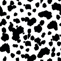 Seamless black and white cow spot print pattern. Animal skin texture. Template for wallpaper, pattern fills, web page background, surface textures. Vector Flat Cartoon Illustration for Fabric