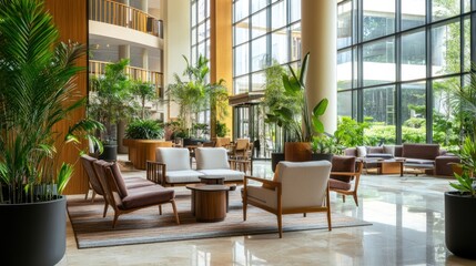 Obraz premium Modern Hotel Lobby Interior Design with Natural Light and Greenery