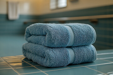 Photo of two clean, neatly folded towels placed in a gym locker room, creating a tidy and organized atmosphere with a focus on hygiene and fitness convenience.
