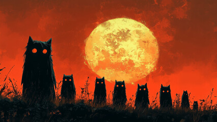 Ghostly figure silhouettes set against a full moon