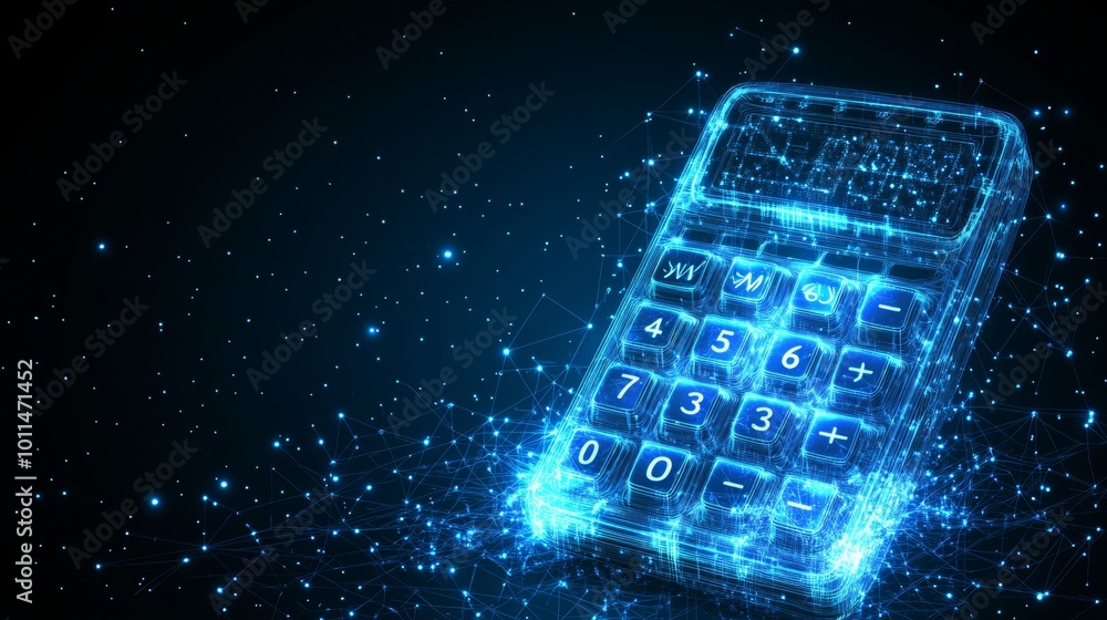 Poster digital calculator on abstract blue technology background, concept of mathematics and calculation
