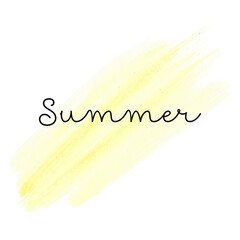 Brush stroke illustration, abstract watercolor Yellow stain. Watercolor background with lettering Summer. Design Art Object for Card, Poster, Banner. Hand Drawn Bright Illustration.