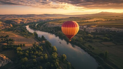 A colorful hot air balloon floats above a serene river surrounded by green landscapes and rolling hills at sunset.