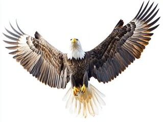 Obraz premium majestic wings spread wide, the bald eagle soars effortlessly, embodying grace and power in flight against a stunning white backdrop.
