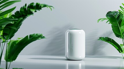 Modern White Air Purifier with Tropical Plants on Neutral Background