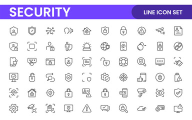 Set of Security web icons in line style. Guard, cyber security, password, smart home, safety, data protection, key, shield, lock, unlock, eye access. Security outline icon set.
