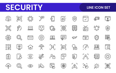 Set of Security web icons in line style. Guard, cyber security, password, smart home, safety, data protection, key, shield, lock, unlock, eye access. Security outline icon set.