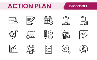 Line icons about action plan. Contains such icons as search strategy, target, scheme, timeline and workflow.Action plan set of web icons in line style. Strategy action planning icons.