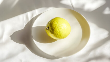 Ripe yellow lemon resting on white plate with dramatic lighting