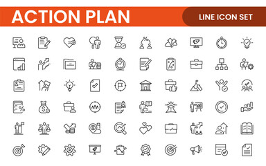 Line icons about action plan. Contains such icons as search strategy, target, scheme, timeline and workflow.Action plan set of web icons in line style. Strategy action planning icons.