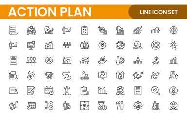 Line icons about action plan. Contains such icons as search strategy, target, scheme, timeline and workflow.Action plan set of web icons in line style. Strategy action planning icons.