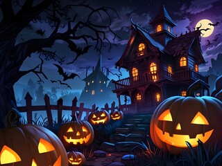 Haunted house in spooky Halloween night landscape with glowing jack o lanterns and bats