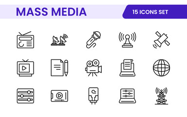 Mass media outline vector icons large set isolated on white background. media business concept. Media outline icons set.