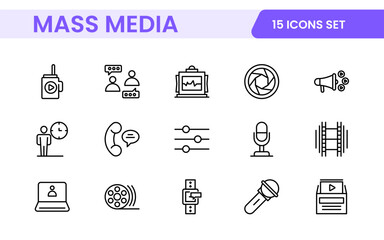 Mass media outline vector icons large set isolated on white background. media business concept. Media outline icons set.