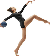 Tender and artistic young girl, rhythmic gymnast showing skills and talent, training with ball...