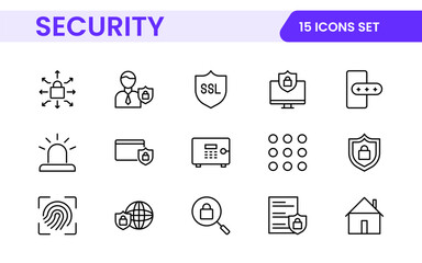 Set of Security web icons in line style. Guard, cyber security, password, smart home, safety, data protection, key, shield, lock, unlock, eye access. Security outline icon set.
