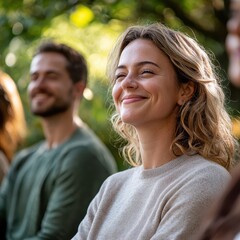 Obraz premium A joyful woman smiles warmly while sitting outdoors, surrounded by friends in a serene, natural setting.