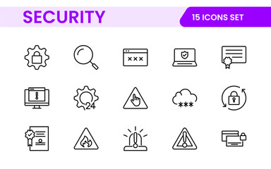 Set of Security web icons in line style. Guard, cyber security, password, smart home, safety, data protection, key, shield, lock, unlock, eye access. Security outline icon set.