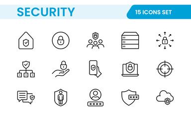 Set of Security web icons in line style. Guard, cyber security, password, smart home, safety, data protection, key, shield, lock, unlock, eye access. Security outline icon set.