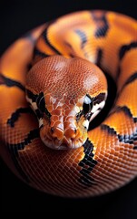 Obraz premium Close-up of an orange and black snake, isolated on a black background.