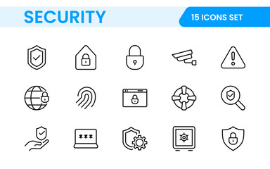 Set of Security web icons in line style. Guard, cyber security, password, smart home, safety, data protection, key, shield, lock, unlock, eye access. Security outline icon set.