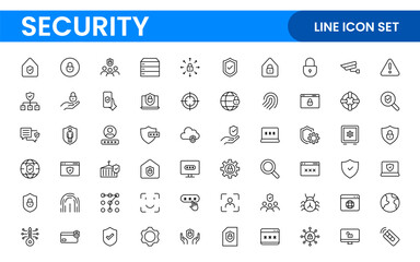Set of Security web icons in line style. Guard, cyber security, password, smart home, safety, data protection, key, shield, lock, unlock, eye access. Security outline icon set.