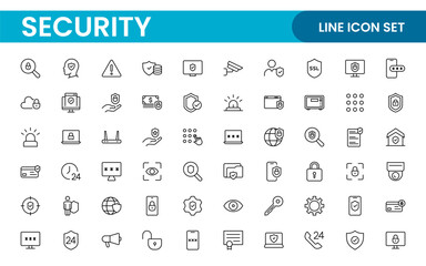Set of Security web icons in line style. Guard, cyber security, password, smart home, safety, data protection, key, shield, lock, unlock, eye access. Security outline icon set.
