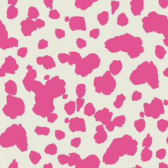 Abstract pink on White cow or giraffe spots seamless pattern. Hot pink organic blob shapes on saturated beige background. Hand drawn trendy vivid minimalist safari print for Textile, Fabric, Wrapping