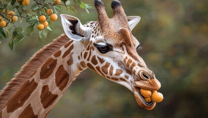 Obraz premium Giraffe eating oranges in a natural environment with blurred background.