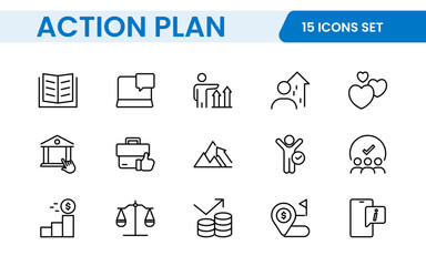 Line icons about action plan. Contains such icons as search strategy, target, scheme, timeline and workflow.Action plan set of web icons in line style. Strategy action planning icons.