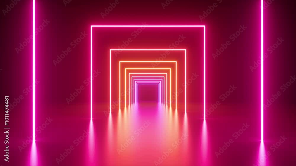 Poster cycled 3d animation. red pink tunnel with flashing neon frames. abstract geometric background