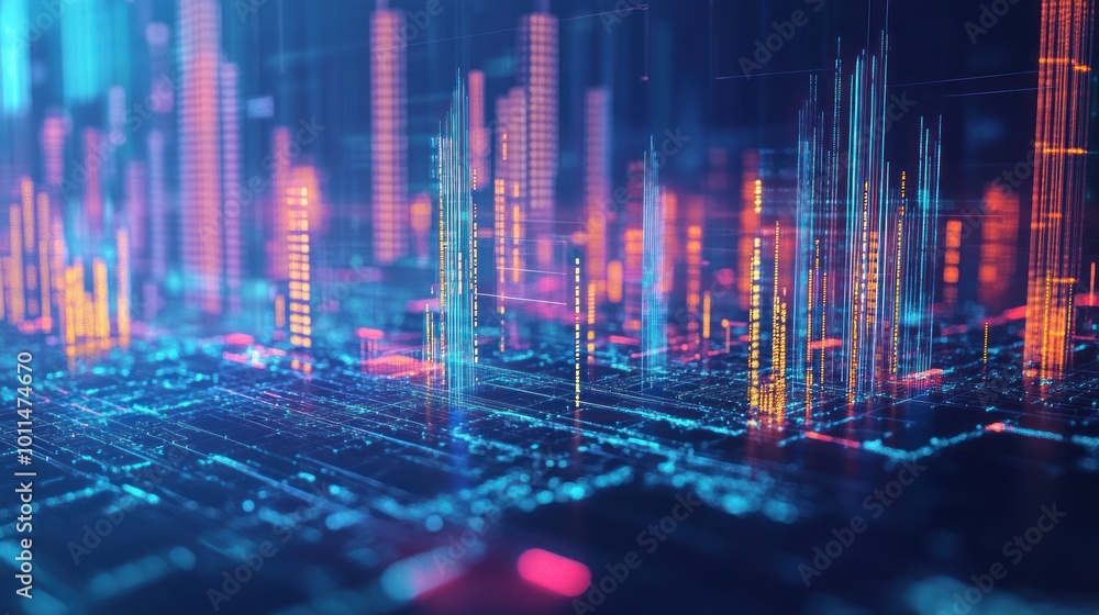 Aufkleber abstract digital landscape with vibrant data visualizations in a futuristic setting.