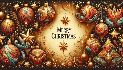 Fototapeta premium Card with stylized Christmas ornaments and festive text on a background of golden stars,generative ai
