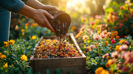 Person Composting Food Waste in a Vibrant Flower Garden During Golden Hour Sustainability Soil Enrichment Earth Day Concept
