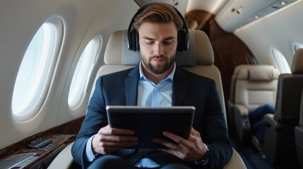 A businessman relaxes in a private jet, wearing headphones and using a tablet, epitomizing luxury travel and modern technology.