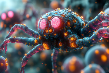  small mech nanorobots using metal micro tentacles to destroy cholesterol cells. A futuristic concept showcasing advanced biotechnology and medical innovation.
