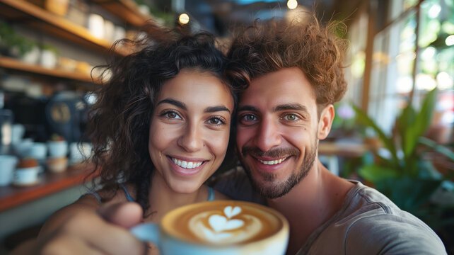 Smiling couple taking a selfie while holding a cup of latte with heart-shaped art in a cozy, relaxed café setting. - Powered by Adobe