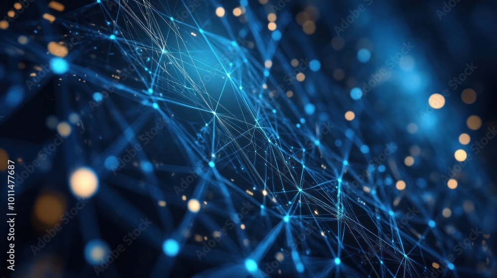 Poster abstract digital network with glowing nodes and connections, symbolizing technology and data.