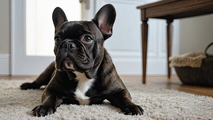 Brindle french bulldog laying on the floor indoor