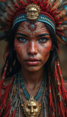 Obraz premium A woman wearing a red and blue headdress