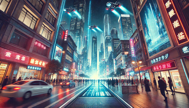 Low-Angle Futuristic City Street at Night with Neon Lights and Holographic Displays. AI-generated - Powered by Adobe