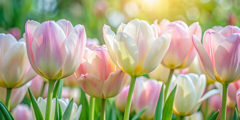 Obraz premium Delicate tulips unfold their pastel petals in soft hues, creating serene and enchanting atmosphere. gentle sunlight enhances their beauty, inviting sense of tranquility