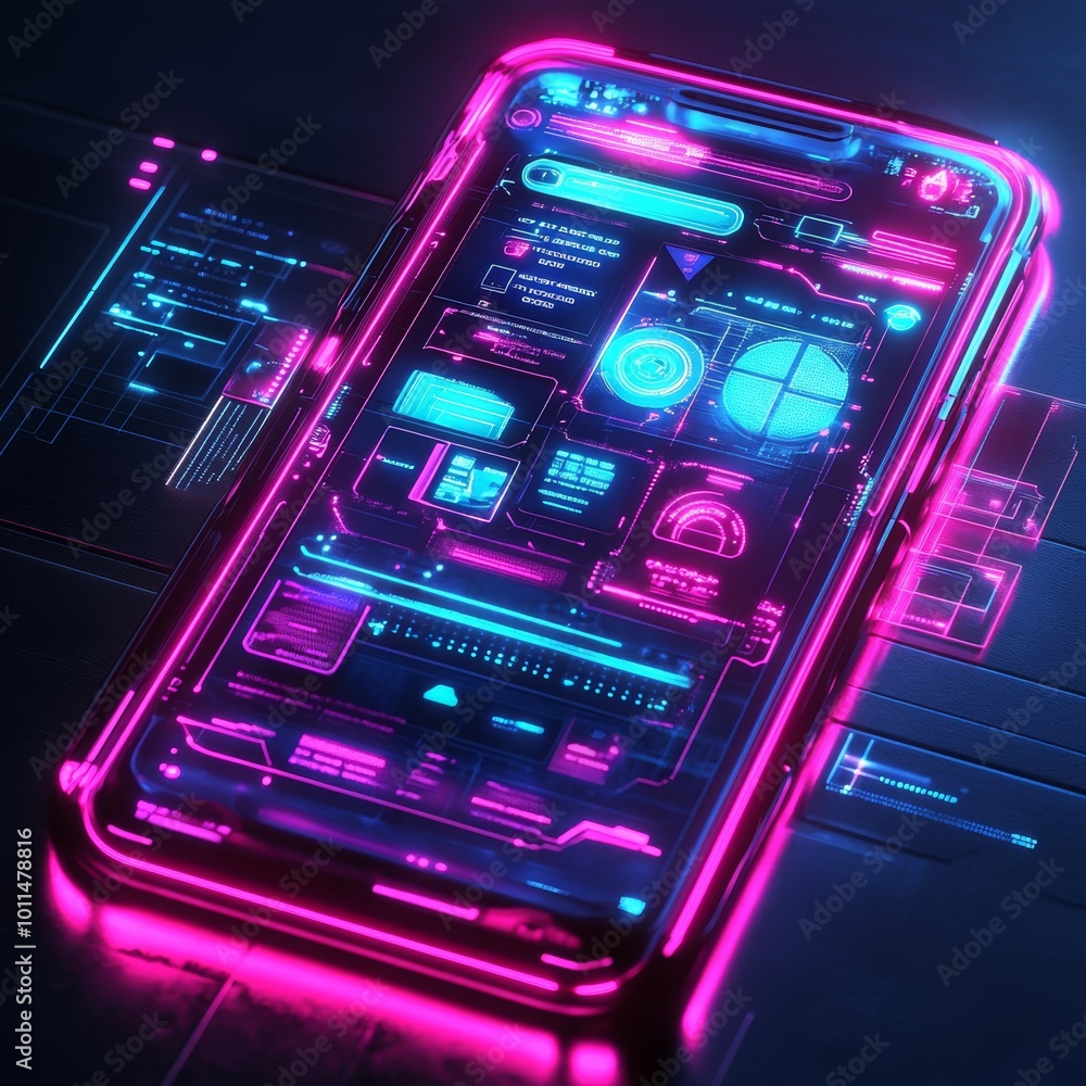 Poster futuristic smartphone interface with neon lights and digital display