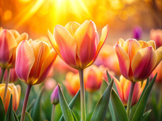 Fototapeta premium Vibrant tulips sway gently in warm golden morning light, their petals unfolding beautifully. This serene scene captures essence of spring and natures beauty