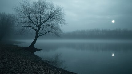 A view of a deserted, fog-covered lake at night, with dark waters reflecting the moonlight and eerie, skeletal trees on the shoreline