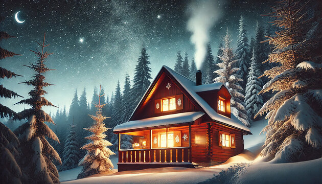 Cozy Winter Cabin at Night with Snow-Covered Trees and Starry Sky. AI-generated