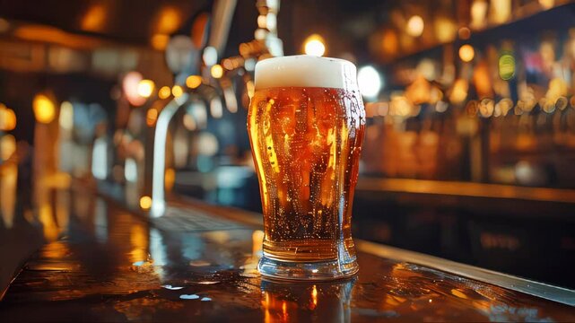 A cold glass of beer on a pub counter, with warm lighting and soft bokeh in the background